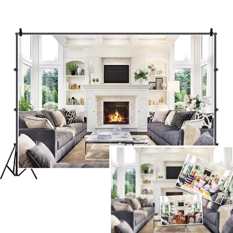 DASHAN 8x6.5ft Living Room Backdrop Xmas Fireplace Meeting Home Office Backdrop for Video Recording Modern House Interior Window Photography Background House Photo Props - Image 1
